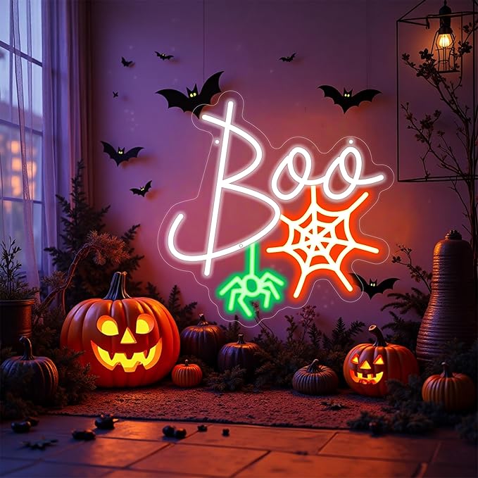 Boo Neon Sign Ghost Neon Light Lets Get Spooky Neon Light Halloween Home Decor Light, Orange White BOO Bat Neon Sign for Trick or Treat Party Backdrop Bedroom Club Bar Festival Gift