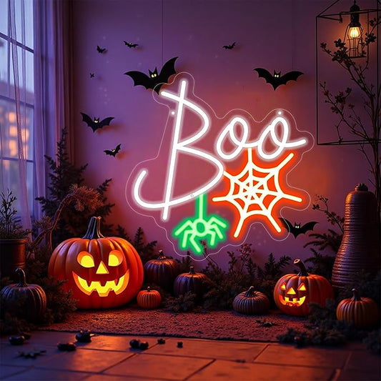 Boo Neon Sign Ghost Neon Light Lets Get Spooky Neon Light Halloween Home Decor Light, Orange White BOO Bat Neon Sign for Trick or Treat Party Backdrop Bedroom Club Bar Festival Gift