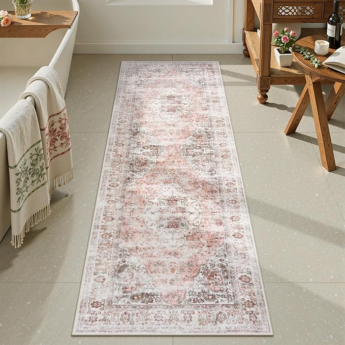 Uphome Bathroom Rugs Runner, Distressed Farmhouse Boho Blush Pink Bath Mat, Non Slip Washable Long Bath Rugs, Vintage Traditonal Soft Velvet Bathroom Runner for Bathtub Sink Shower, 20x60 inch