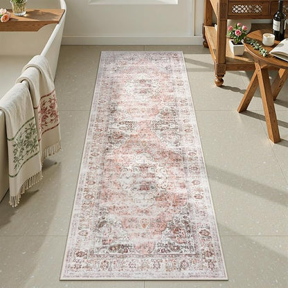 Uphome Bathroom Rugs Runner, Distressed Farmhouse Boho Blush Pink Bath Mat, Non Slip Washable Long Bath Rugs, Vintage Traditonal Soft Velvet Bathroom Runner for Bathtub Sink Shower, 20x60 inch