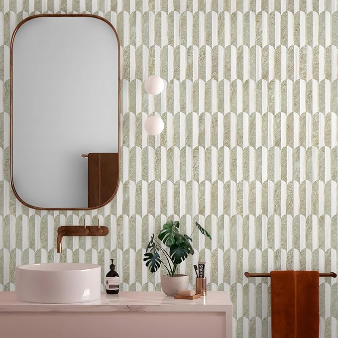 Vamos Tile Peel and Stick Backsplash Seamless Tile,Stick on Backsplash for Kitchen and Bathroom,Light Cream Green Slate and Dolomite White PVC Self Adhesive Mosaic Tiles (10 Sheets)