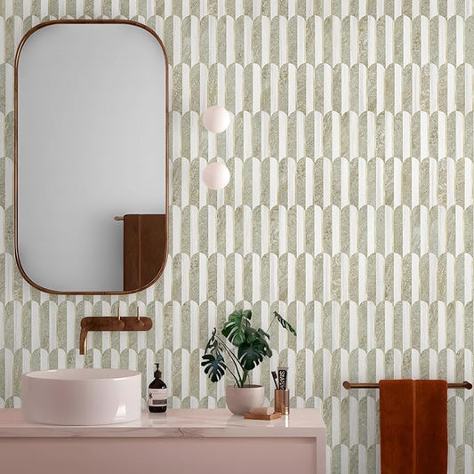 Vamos Tile Peel and Stick Backsplash Seamless Tile,Stick on Backsplash for Kitchen and Bathroom,Light Cream Green Slate and Dolomite White PVC Self Adhesive Mosaic Tiles (10 Sheets)