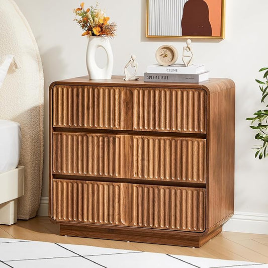 Turtle&Myrtle Fluted 3 Drawer Dressers for Bedroom, 31.5" Wide Large Mid Century Modern Nightstand W/3 Storage Drawers, Wood Dresser & Chest of Drawers with Curved Profile for Living Room (Walnut)