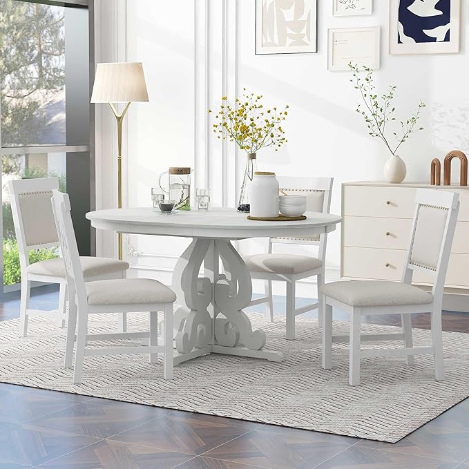 Merax Round Solid Wood Dining Table Set for 4, Farmhouse Kitchen Table Set with 4 Upholstered Chairs, 5-Piece Table and Chairs Set for Kitchen, Dining Room, Living Room, Antique White