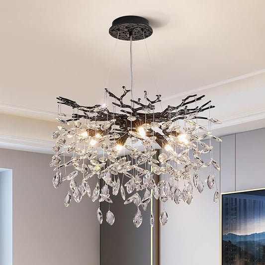 Modern Tree Branch Crystal Chandelier Luxury Black Crystal Pendant Lighting 18" Contemporary 6-Light Chandeliers for Dining Room Kitchen Bedroom Living Room