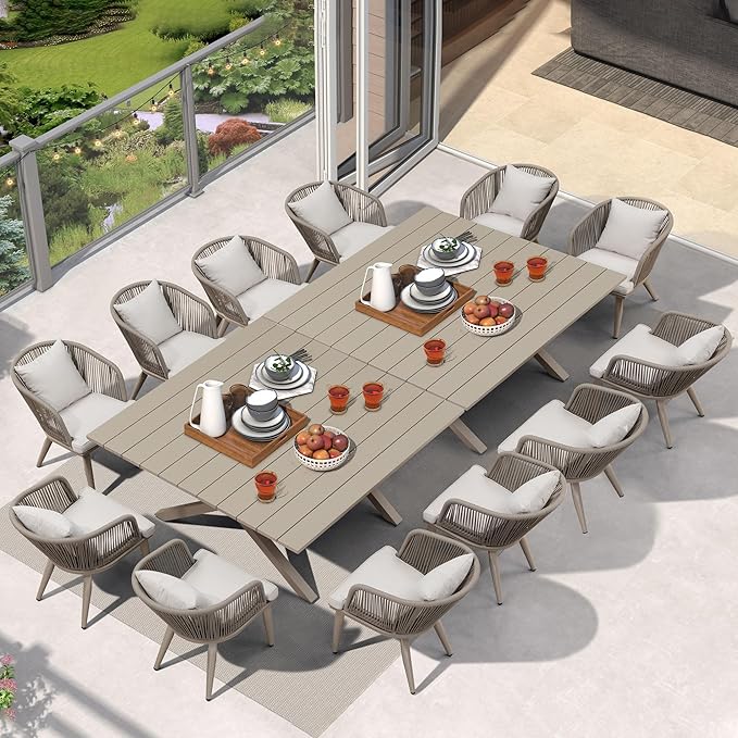 PURPLE LEAF 14 Pieces Patio Dining Table Set Wicker Outdoor Furniture Oversize Rectangular Table and Chairs Set for Garden Deck Aluminum Frame Backyard Kitchen Set, Cushions and Pillows Included Champagne
