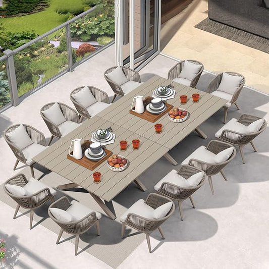 PURPLE LEAF 14 Pieces Patio Dining Table Set Wicker Outdoor Furniture Oversize Rectangular Table and Chairs Set for Garden Deck Aluminum Frame Backyard Kitchen Set, Cushions and Pillows Included Champagne