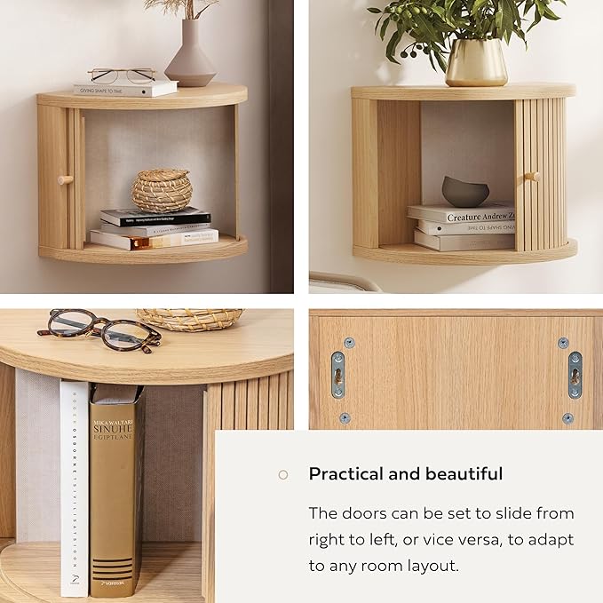 WERMO 16'' Floating Nightstand Shelf with a Sliding Door and Storage - Floating Bedside Shelf Wall Mount, Wall Mounted Wood Nightstand, Mid Century Modern End Table (Oak)