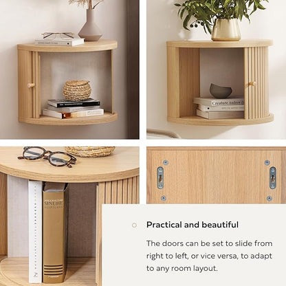 WERMO 16'' Floating Nightstand Shelf with a Sliding Door and Storage - Floating Bedside Shelf Wall Mount, Wall Mounted Wood Nightstand, Mid Century Modern End Table (Oak)