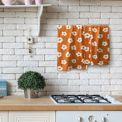 Modern Style Kitchen Towels Set of 2 Orange Floral Microfiber Dish Towels Kitchen