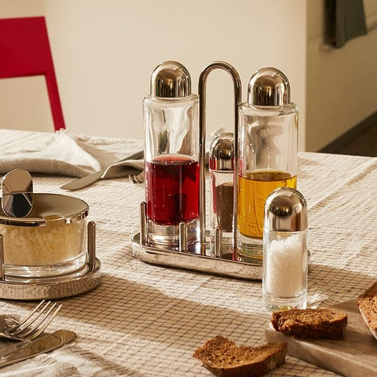 Alessi | 5070 - Design Condiment Set for Oil, Vinegar, Salt and Pepper shaker in 18/10 Stainless Steel and Crystalline Glass