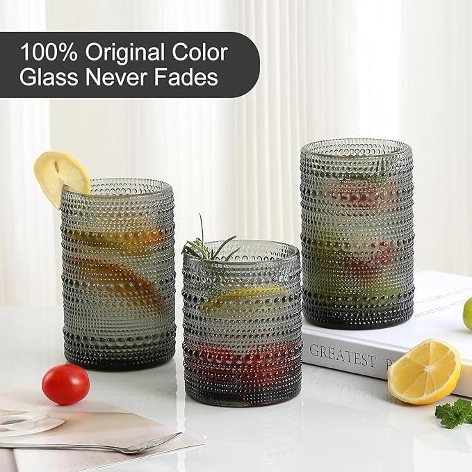 Vintage Hobnail Drinking Glasses Set of 8,Grey 12 oz & 15oz Highball Glass Cups, Kitchen Drinkware Glassware