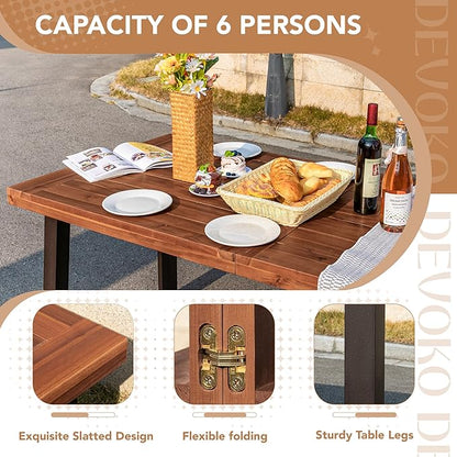 Devoko Home Acacia Wood Dining Table 6-Person Indoor Outdoor Table with Iron Legs, Sandblast Finish, Natural Stained, Rustic Metal, 69 * 33 * 30 inch (Walnut Brown)