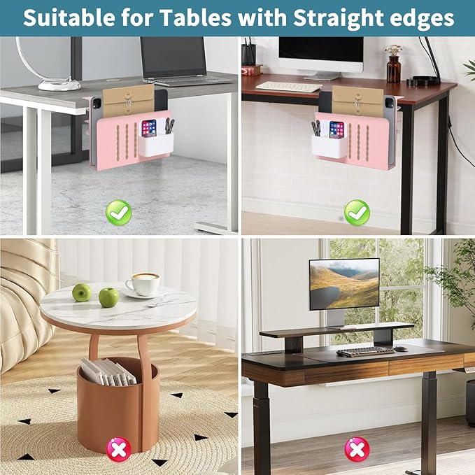 Desk Side Storage Under Desk Laptop Holder, No Drill Hanging Desk Organizer with Pen Holder, Clamp-On Table Side Desktop Organization Mount for Office and Home (Pink)