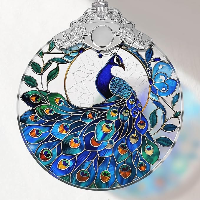 Peacock Stained Glass Ornament - Christmas Tree Decor, Peacock Ornaments for Holiday Gifts