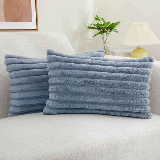 decorUhome Faux Fur Throw Pillow Covers 12x20 Set of 2, Decorative Soft Plush Striped Lumbar Neutral Euro Pillow Covers with Velvet Back for, Bed, Living Room Home Decor, Grey Blue