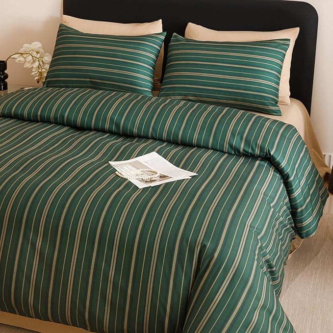 CLOTHKNOW Green Stripes Queen Comforter Set Farmhouse Bedding Comforter Sets Ticking Comforter Queen Hunter Green Comforter Soft Boho