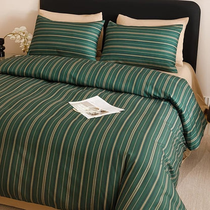CLOTHKNOW Green Striped Full Size Comforter Set Green Khaki Black Bedding Comforter Sets Ticking Farmhouse Comforter Full Hunter Green Comforter Soft Boho