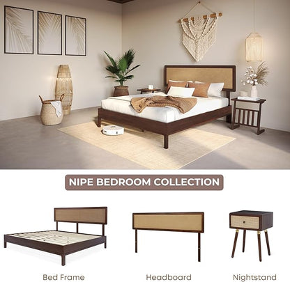 Bme Nipe Queen 14 Inch Bohemian Bed Frame with Adjustable Woven Headboard - Rustic & Vintage Unique Style with Acacia Wood - No Box Spring Needed - Easy Assembly - Walnut