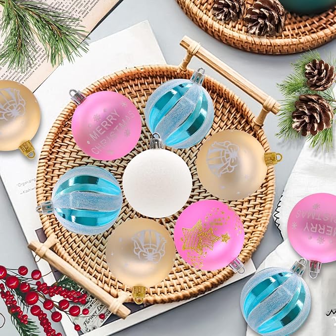 40PCS 2.36" Christmas Balls Ornaments, Plastic Christmas Tree Ornaments, Holiday Baubles, Hanging Decorations for Xmas Trees Holiday Party, Blue White Pink Baubles