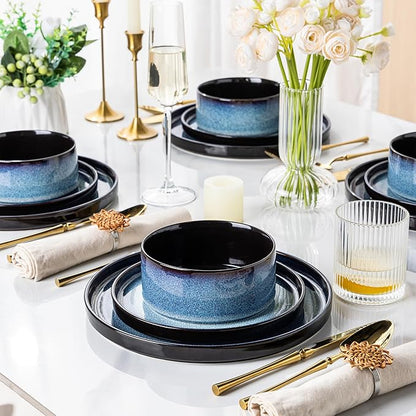 LERATIO Ceramic Dinnerware Sets for 4,Round Reactive Glaze Ceramic Plates and Bowls Set,Highly Chip and Crack Resistant | Dishwasher & Microwave Safe Dishes Set,Service for 4 (12pc)-Blue