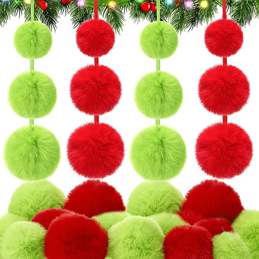 24 Pcs Red and Green Furry Christmas Ball Ornaments for Tree 2.36/3.15/3.94 Inch Pom Pom Ball Christmas Hanging Decoration for Party Supplies Fireplace Mantel Wall Decor