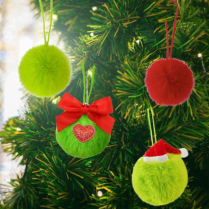 6 Pack Lime Green Furry Christmas Ball Ornaments with Santa Hat, 2.36 Inches Soft Fluffy-Pom-Pom Xmas Tree Hanging Decor for Holiday Home Party Fireplace Wall Decoration(Santa Hat)