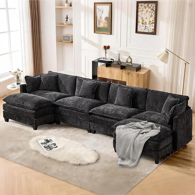 SoarFlash 143.2" Chenille Sectional Sofa, Comfy U Shaped Modular Coush Sofa with Ottoman, Modern 4 Seat Couch Deep Seat Sofa Set for Living Room,Black