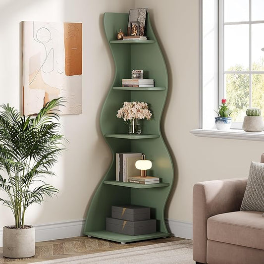 Tribesigns Wavy Corner Shelf, Modern 5-Tier Bookshelf Bookcase with Curvy Shape, Unique Plant Stand Display Rack for Living Room Small Space (Green)