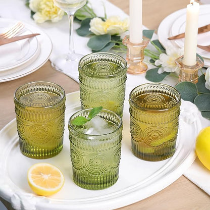 Vintage Glassware Drinking Glasses Set of 4-10.5 oz Green Glasses Water Tumbler, Embossed Glassware Cups for Juice, Beer, Cocktail, Whiskey, Various Mixed Drinks