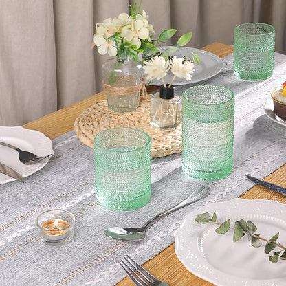 Green Hobnail Glasses Drinking Set of 4, 12 oz Cocktail Glasses, Green Vintage Glassware for Beer, Cocktail, Soda, Juice, Coffee and Various Mixed Drinks