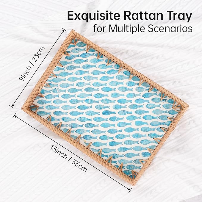 Rectangle Rattan Tray with Mother of Pearl Inlay, Rattan Serving Tray with Handle for Coffee, Bread, Fruits, Snacks, Decorative Wicker Tray for Table Decor (Rectangle Turquoise Fish, 13"×9")