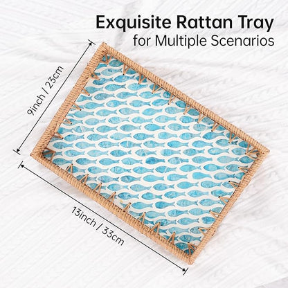 Rectangle Rattan Tray with Mother of Pearl Inlay, Rattan Serving Tray with Handle for Coffee, Bread, Fruits, Snacks, Decorative Wicker Tray for Table Decor (Rectangle Turquoise Fish, 13"×9")
