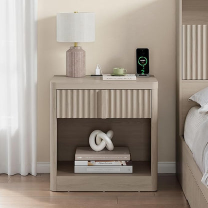 Fluted Nightstand with Charging Station, 23.6" End Table with Solid Wood Handle,Night Stand with Curved Profile Design, Mid Century Moden Bedside Table for Bedroom, Living Room, White Alder