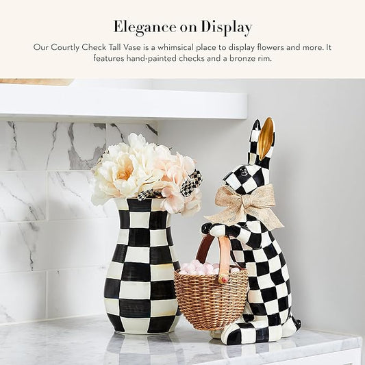 MACKENZIE-CHILDS Tall Enamel Vase, Unique Flower Vase, Decorative Table Decor for Living Room, Black-and-White Courtly Check