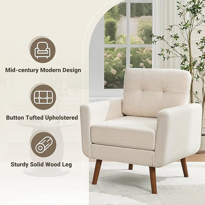 Tbfit Linen Fabric Accent Chair, Mid Century Modern Armchair for Living Room, Bedroom Button Tufted Upholstered Comfy Reading Accent Chairs Sofa(Beige)