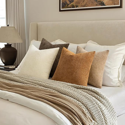 MIULEE Pack of 4 Brown Throw Pillow Covers 18x18 Inch Soft Fall Decorative Chenille Pillows Farmhouse Accent Cushions for Boho Home Decor Spring Bedroom Living Room
