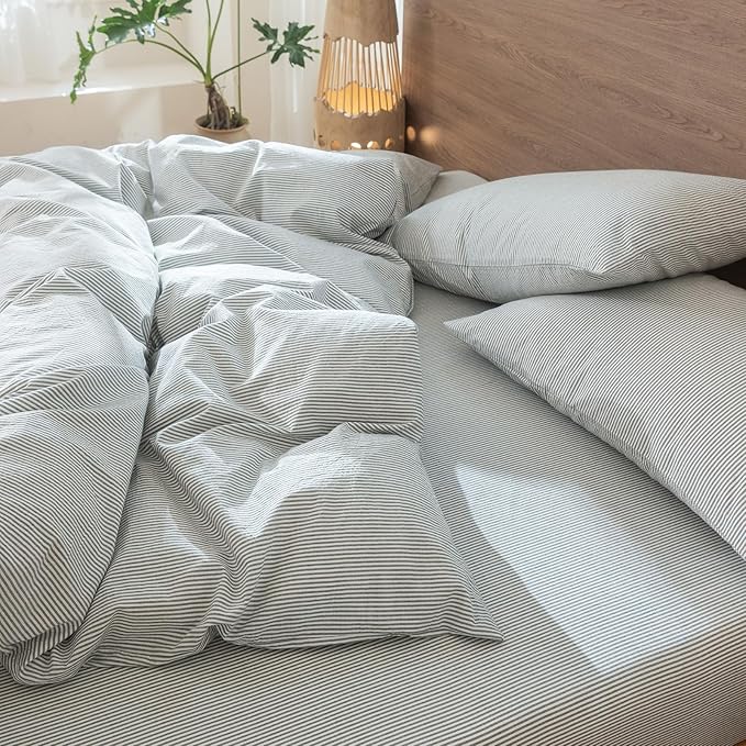 MooMee Striped Duvet Cover Set 100% Washed Cotton Linen Like Textured Breathable Durable Soft Comfy (Heathered Green Pinstripes, Oversized Full 82"x86")