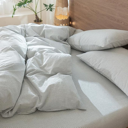 MooMee Striped Duvet Cover Set 100% Washed Cotton Linen Like Textured Breathable Durable Soft Comfy (Heathered Green Pinstripes, King 104"x90")