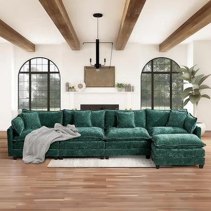 SoarFlash 143.2" Chenille Sectional Sofa, Comfy L Shaped Modular Coush Sofa with Ottoman, Modern 4 Seat Couch Deep Seat Sofa Set for Living Room,Green