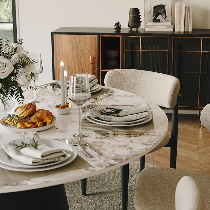 POVISON Round Dining Table for 6, Modern Marble Dining Room Table 59" Pandora Sintered Stone Kitchen Table with Black Carbon Steel Pedestal (Table Only)