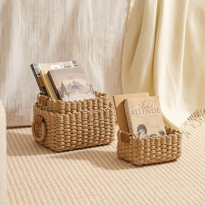 LA JOLIE MUSE Small Wicker Baskets for Organizing, Recycled Paper Rope Storage Basket Container Bins for Shelves Bathroom Cupboards Drawer, Decorative Square Basket Organizer Set of 3