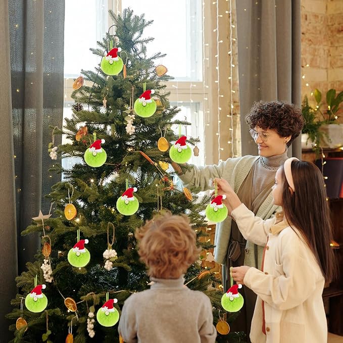 12ct 3.1'' Green Gnome Christmas Ball Ornaments, Soft Faux Fur Pom Pom Decorations with Santa Hat and Snowflake, Hanging Ornaments for Christmas Tree, Mantel, Home & Holiday Decor