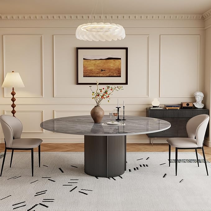 59" Modern Round Dining Table for 6, Gray Sintered Stone Dining Room Table with Black Fluted Metal Pedestal, Easy Assembled Circle Kitchen Table for Home, (Table Only)