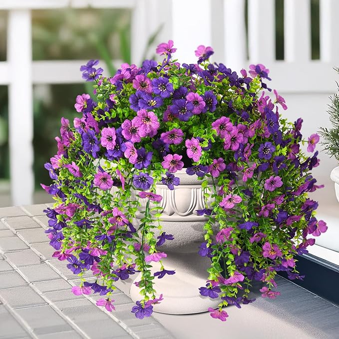 INQCMY 2Pcs Artificial Flowers for Outdoors UV Resistant Artificial Plants Easy Assembly for Spring Decor Look Real Faux Hanging Flowers for Outside Home Planter Porch Patio Decor