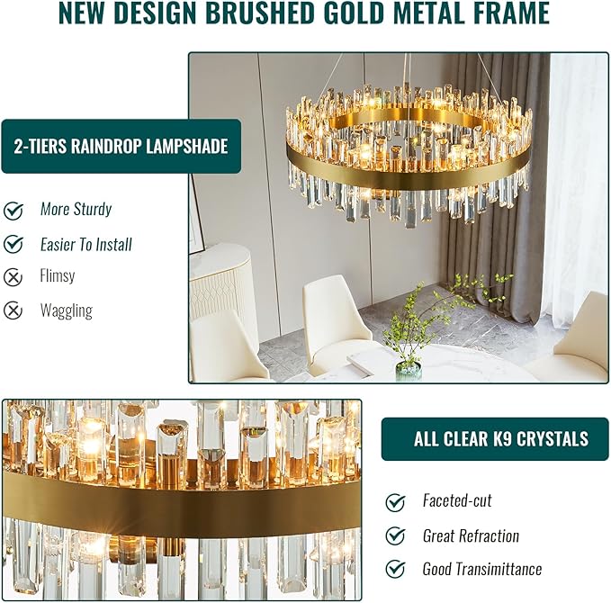 Siljoy Modern Crystal Chandelier 16-Light Large Luxury Gold 2-Tiers Raindrop Chandelier Flush Mount Crystal Pendant Ceiling Light Fixture for Living Room Dining Room Entryway Foyer D31.5''