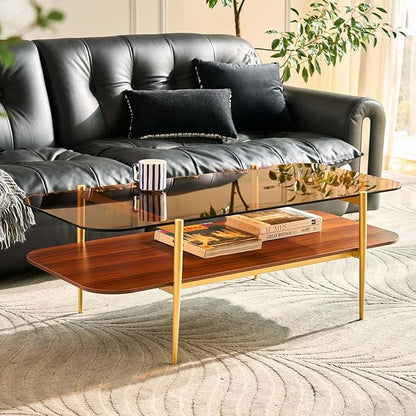 AGV LIGHTING Tadio Large Glass Coffee Table, Mid-Century Modern Coffee Table for Living Room, Gold Finish Leg, Coffee Brown Glass Top & Walnut Brown Shelf, 47 in Rrounded Corners