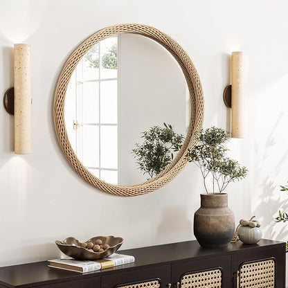 LuxenHome Rattan Bathroom Mirror, 30-Inch Large Bamboo Framed Round Wall Mirror, Rustic Farmhouse Handmade Accent for Bathroom, Bedroom, Entryway, Living Room, Nursery Home Decor Mirrors