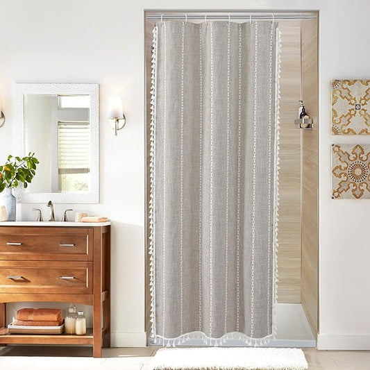 MitoVilla Tan Small Stall Shower Curtain 36 x 72, Taupe Half Size Narrow Polyester Linen Fabric Shower Curtains for Boho Farmhouse Bathroom Decor, Wrinkle Resistant Cloth Shower Curtain