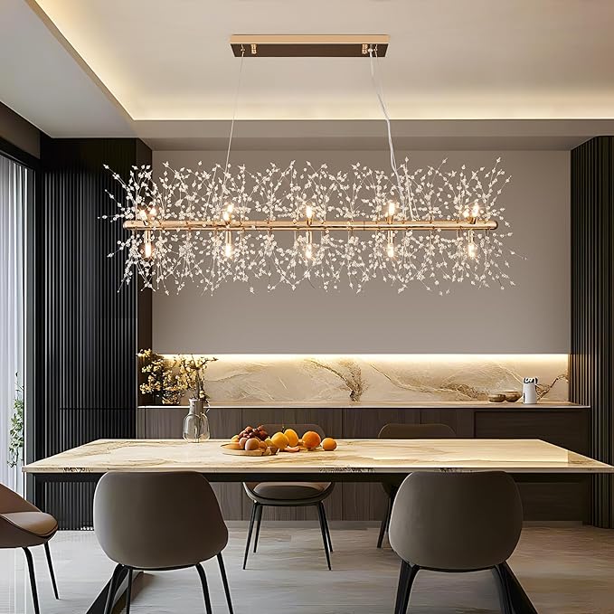 Modern 47.2" Modern Gold Crystal Firework Chandelier, 15-Light Pendant Light Fixture, Rectangle Linear Sputnik Dandelion Chandeliers for Dining Room Kitchen Living Room